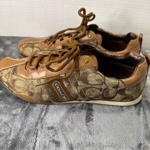 Coach Kelsie Tan and Brown Monogram Sneakers Size 8 Width M